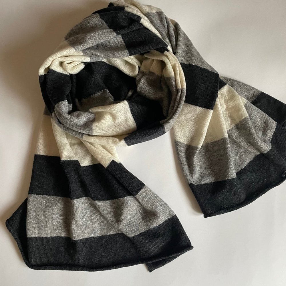 Cashmere knit shawl. Wide stripes Gray, charcoal , ivory
